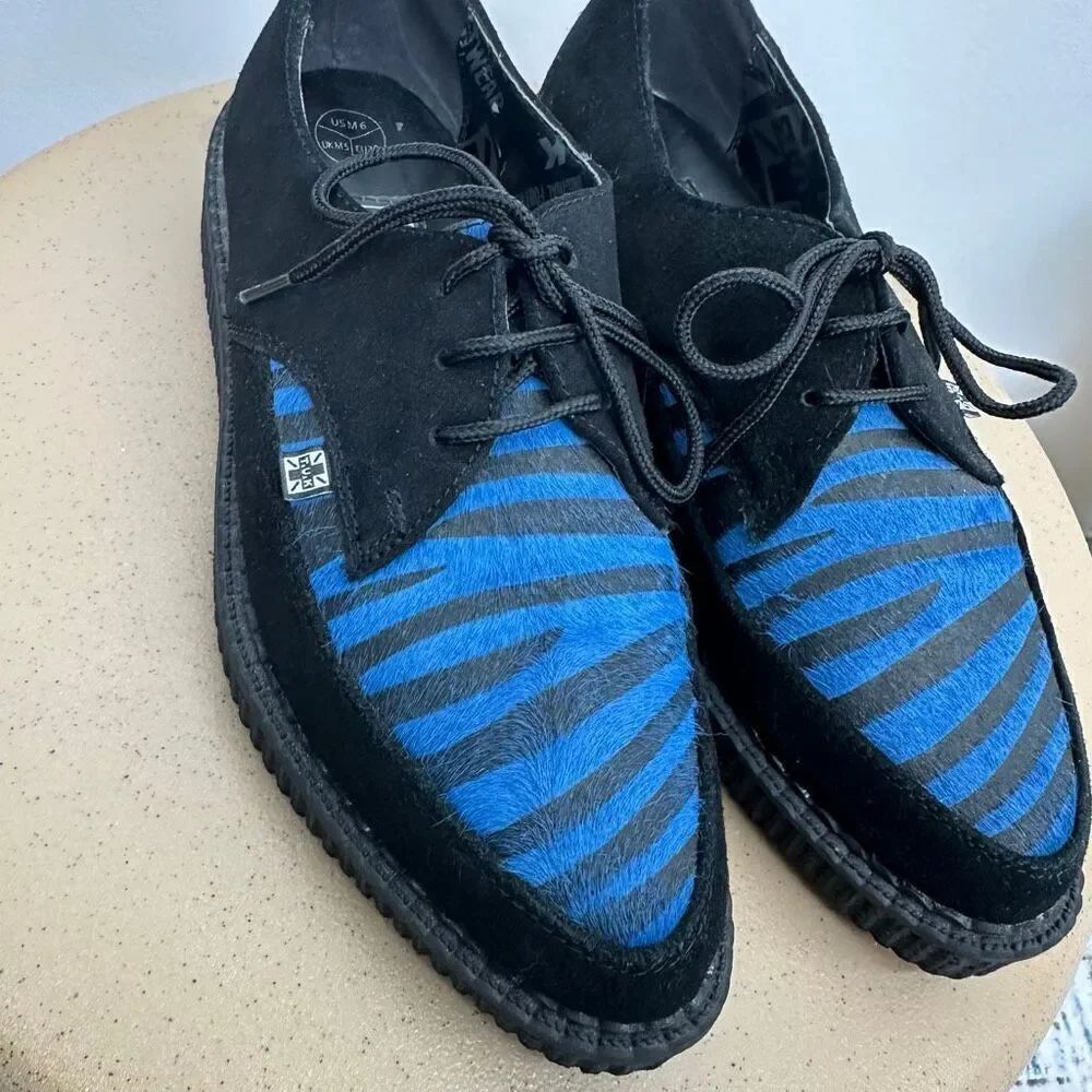 TUK Unisex Black Blue Zebra Print Suede Leather Almond Toe Lace Up Platform Cree - Picture 5 of 10